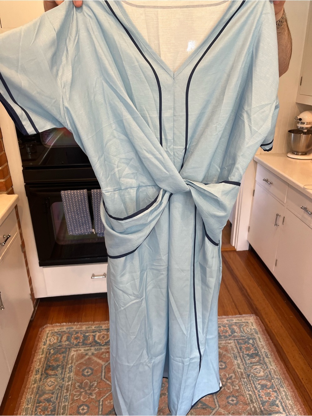 Light Blue V-Neck Dress with Contrast Trim